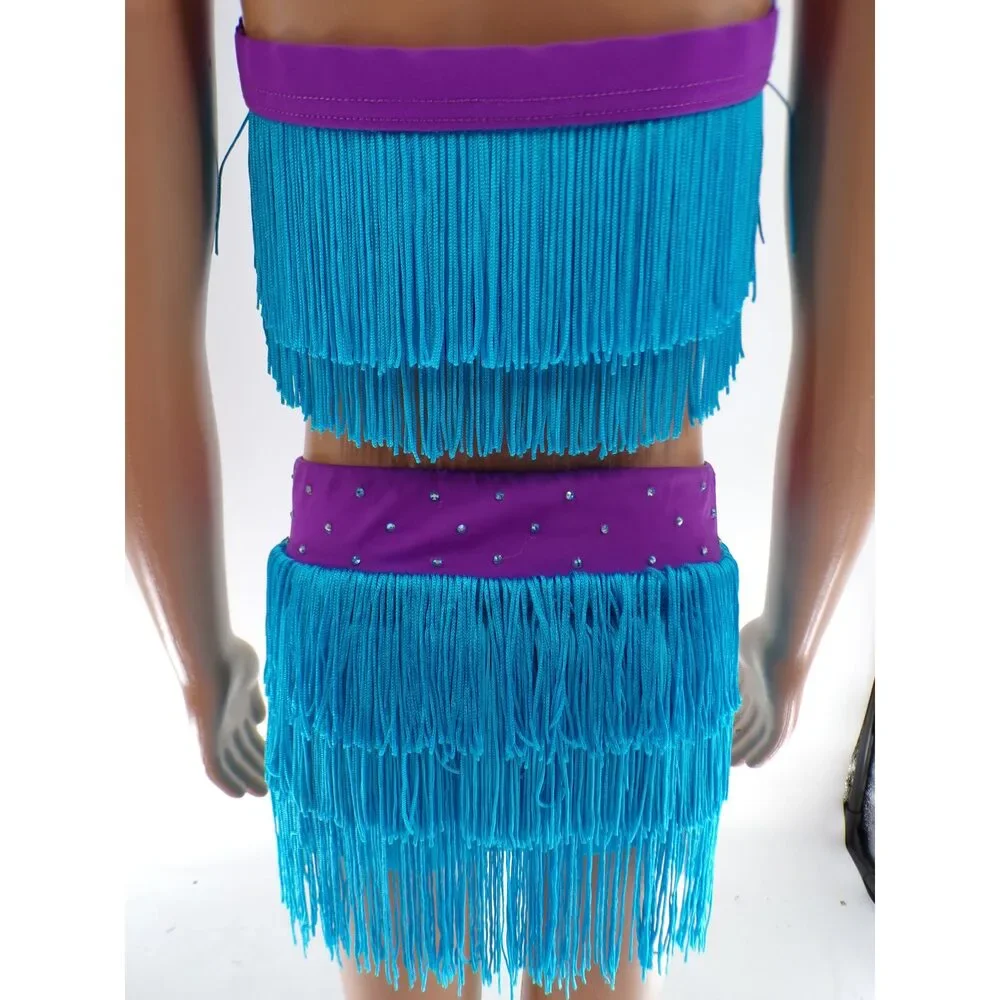 Pre-Owned Dance Costume Weissman  Intermediate Child Turquoise Fringe Jazz Tap